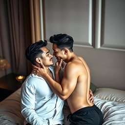 Two handsome Asian men in an intimate moment in a softly lit bedroom, showcasing their deep connection and chemistry
