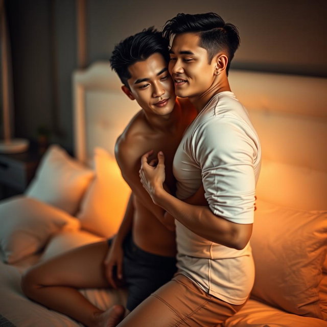 Two handsome Asian men in an intimate moment in a softly lit bedroom, showcasing their deep connection and chemistry