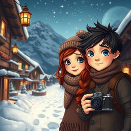 A winter scene depicting two young people, Clara and Leo, in a small mountain village