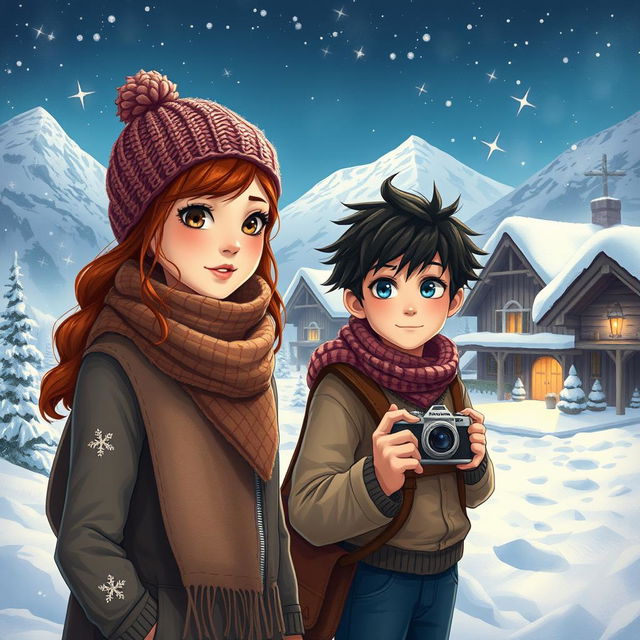 A winter scene depicting two young people, Clara and Leo, in a small mountain village