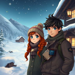 A winter scene depicting two young people, Clara and Leo, in a small mountain village