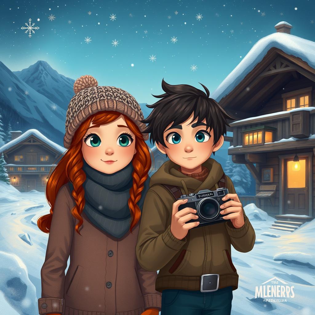 A winter scene depicting two young people, Clara and Leo, in a small mountain village