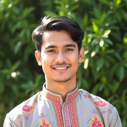 A portrait of an Asian man resembling Pakistani ethnicity, showcasing his traditional attire