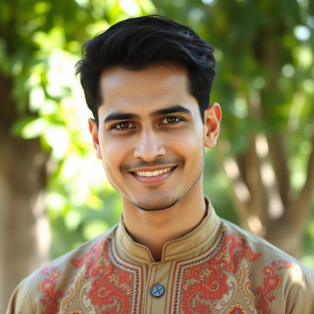 A portrait of an Asian man resembling Pakistani ethnicity, showcasing his traditional attire