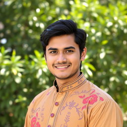 A portrait of an Asian man resembling Pakistani ethnicity, showcasing his traditional attire