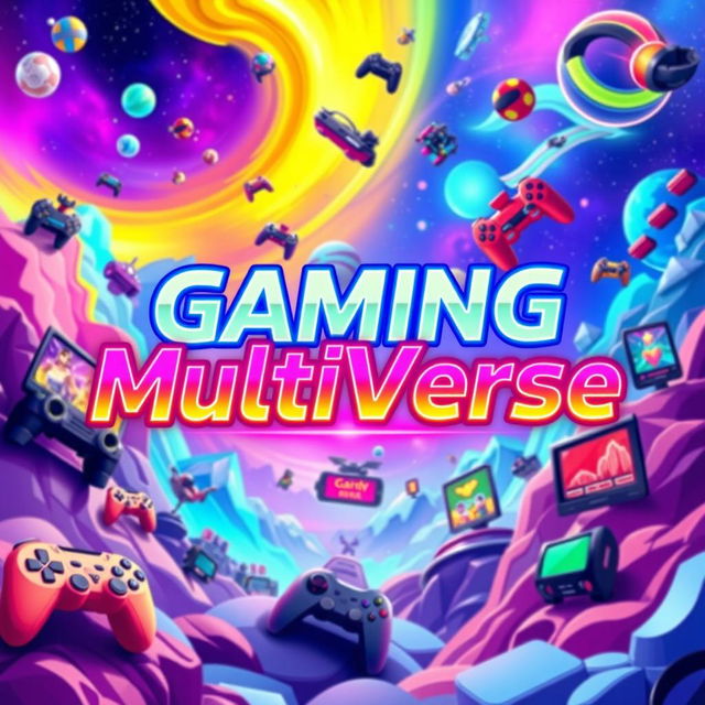 A vibrant and dynamic cover photo for a YouTube multi-gaming channel titled 'Gaming MultiVerse'
