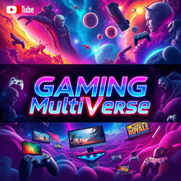 A vibrant and dynamic cover photo for a YouTube multi-gaming channel titled 'Gaming MultiVerse'