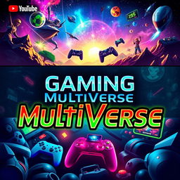 A vibrant and dynamic cover photo for a YouTube multi-gaming channel titled 'Gaming MultiVerse'