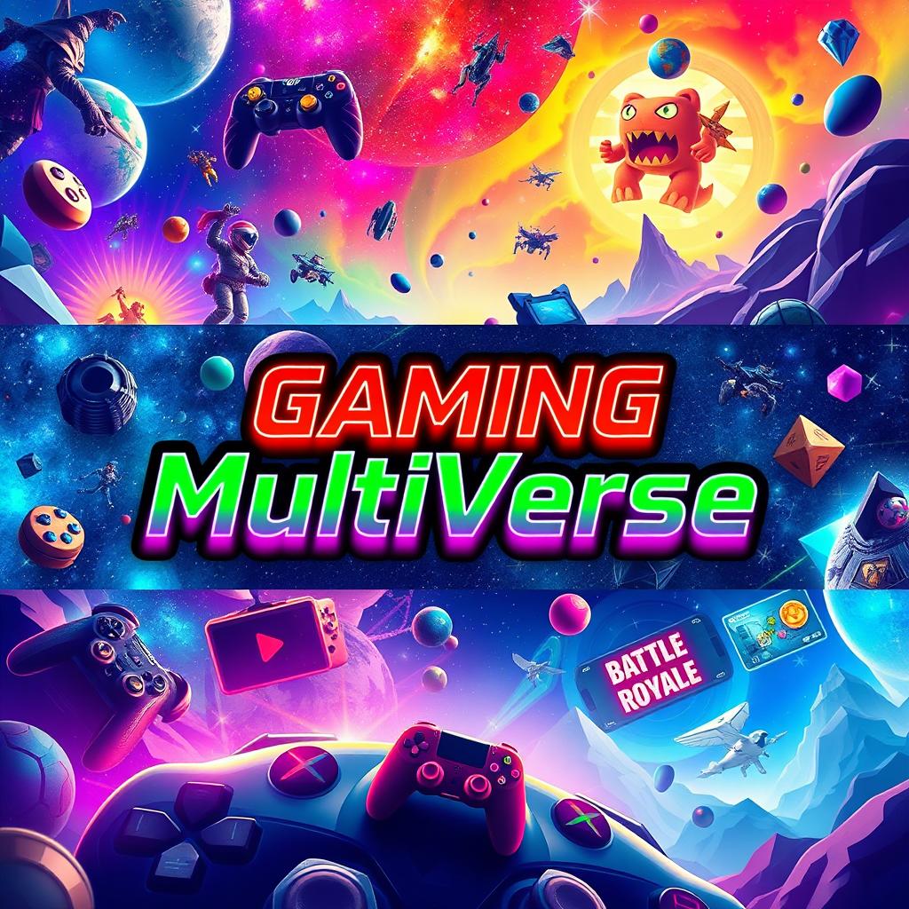 A vibrant and dynamic cover photo for a YouTube multi-gaming channel titled 'Gaming MultiVerse'