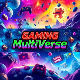A vibrant and dynamic cover photo for a YouTube multi-gaming channel titled 'Gaming MultiVerse'