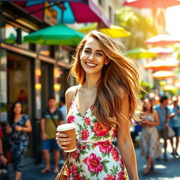 A bustling city street scene featuring a cheerful young woman, approximately 20 years old, with long flowing hair
