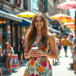 A bustling city street scene featuring a cheerful young woman, approximately 20 years old, with long flowing hair