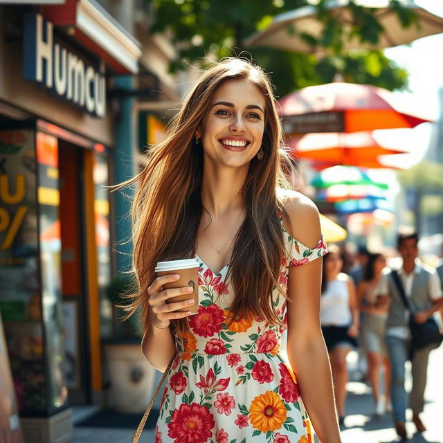 A bustling city street scene featuring a cheerful young woman, approximately 20 years old, with long flowing hair