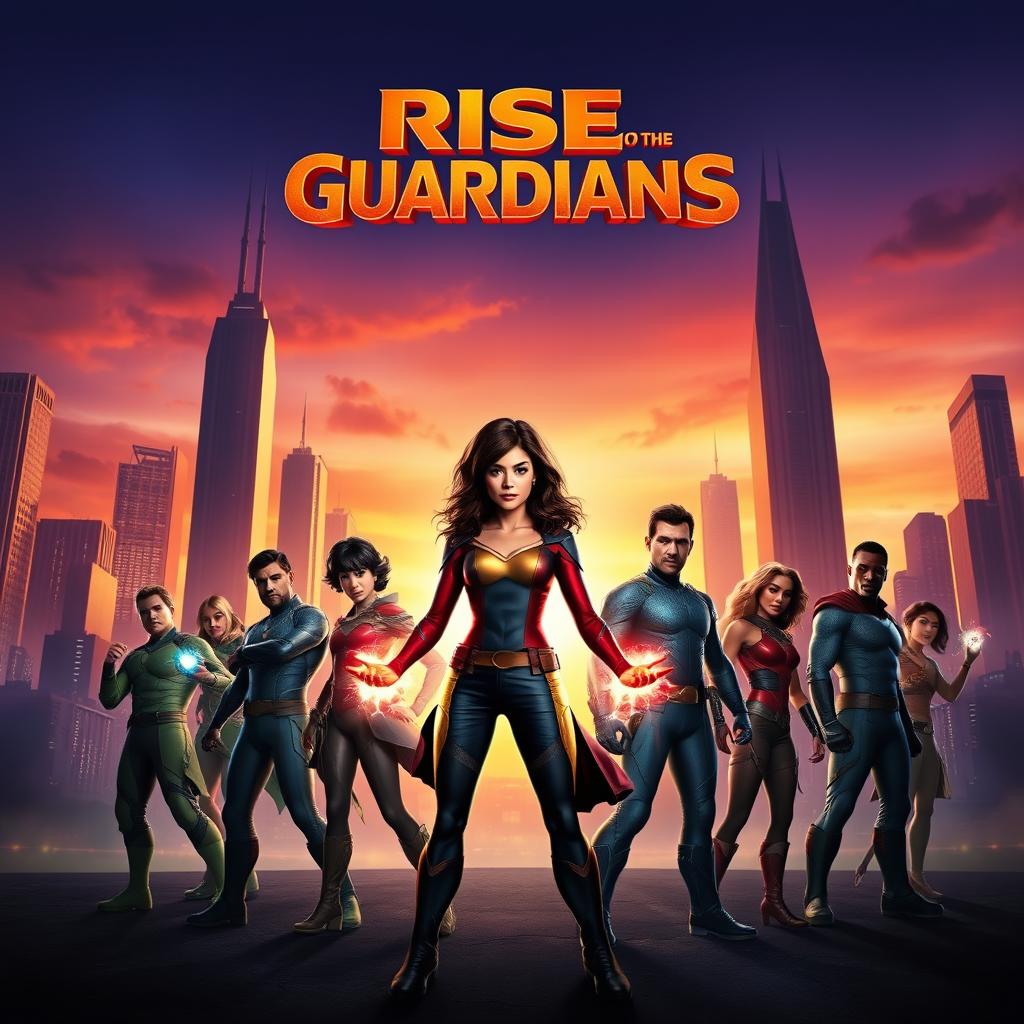 A vibrant and eye-catching movie poster featuring a futuristic city skyline at sunset, with tall, illuminated skyscrapers reflecting the orange and purple hues of the sky