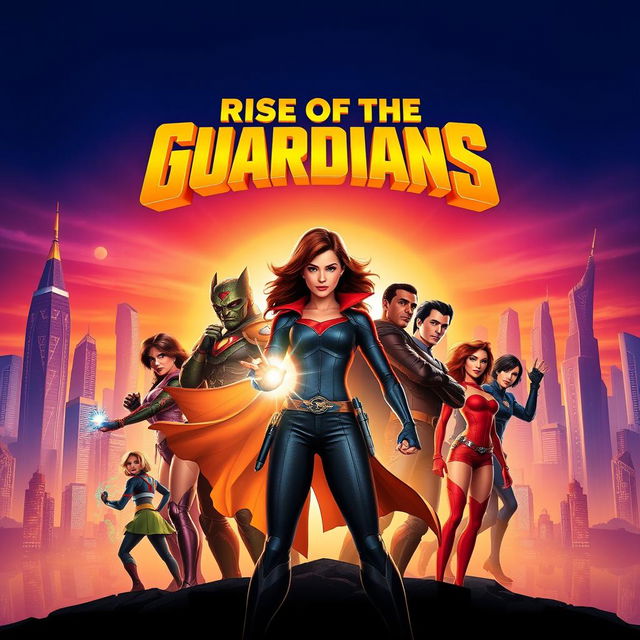 A vibrant and eye-catching movie poster featuring a futuristic city skyline at sunset, with tall, illuminated skyscrapers reflecting the orange and purple hues of the sky