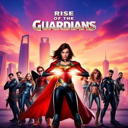 A vibrant and eye-catching movie poster featuring a futuristic city skyline at sunset, with tall, illuminated skyscrapers reflecting the orange and purple hues of the sky