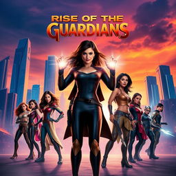 A vibrant and eye-catching movie poster featuring a futuristic city skyline at sunset, with tall, illuminated skyscrapers reflecting the orange and purple hues of the sky