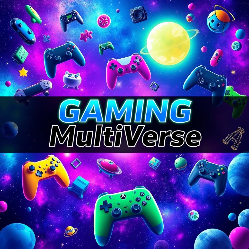 A vibrant and dynamic cover photo for a YouTube multi-gaming channel titled "Gaming MultiVerse"