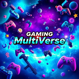 A vibrant and dynamic cover photo for a YouTube multi-gaming channel titled "Gaming MultiVerse"