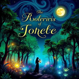 A vibrant and eye-catching book cover design that features a mystical forest with shimmering lights and bioluminescent plants