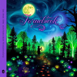 A vibrant and eye-catching book cover design that features a mystical forest with shimmering lights and bioluminescent plants