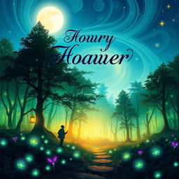 A vibrant and eye-catching book cover design that features a mystical forest with shimmering lights and bioluminescent plants