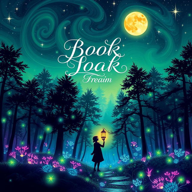 A vibrant and eye-catching book cover design that features a mystical forest with shimmering lights and bioluminescent plants
