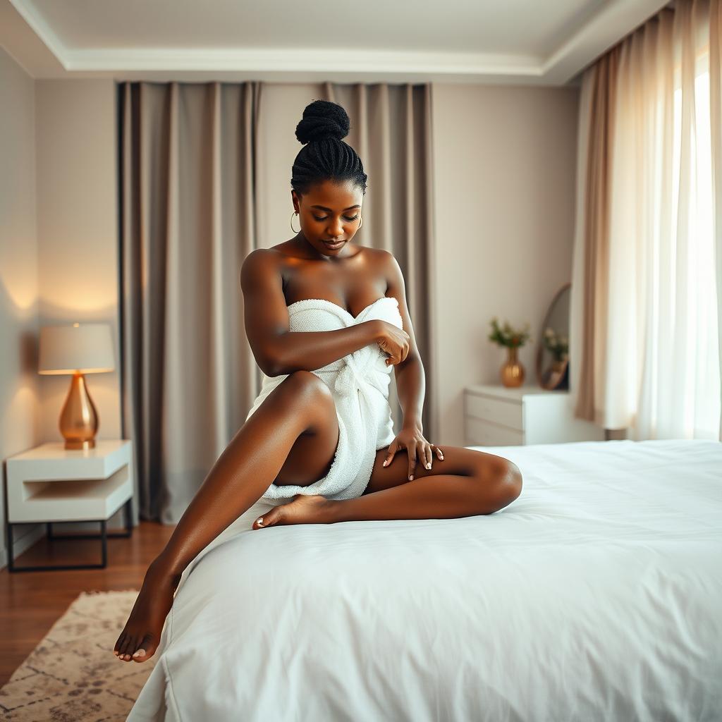 A serene and modern bedroom featuring a Nigerian lady in her late 20s, gracefully sitting on the edge of a neatly made bed