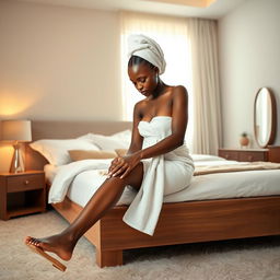A serene and modern bedroom featuring a Nigerian lady in her late 20s, gracefully sitting on the edge of a neatly made bed