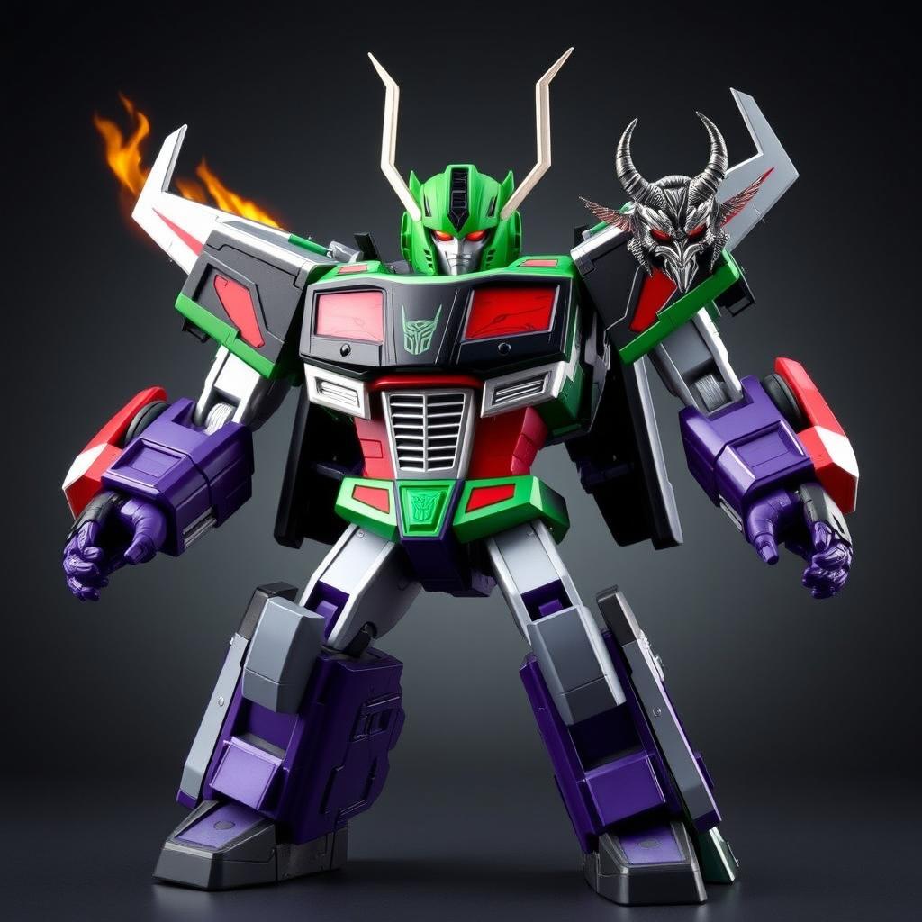 Zeo Zeta Primal as a Transformer resembling Optimus Prime, featuring a prominently green head with both eyes glowing red