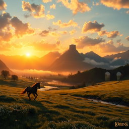 A breathtaking landscape inspired by the world of Lord of the Rings, featuring the majestic Misty Mountains silhouetted against a vibrant sunset