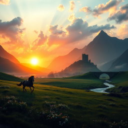 A breathtaking landscape inspired by the world of Lord of the Rings, featuring the majestic Misty Mountains silhouetted against a vibrant sunset