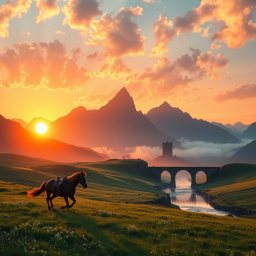 A breathtaking landscape inspired by the world of Lord of the Rings, featuring the majestic Misty Mountains silhouetted against a vibrant sunset