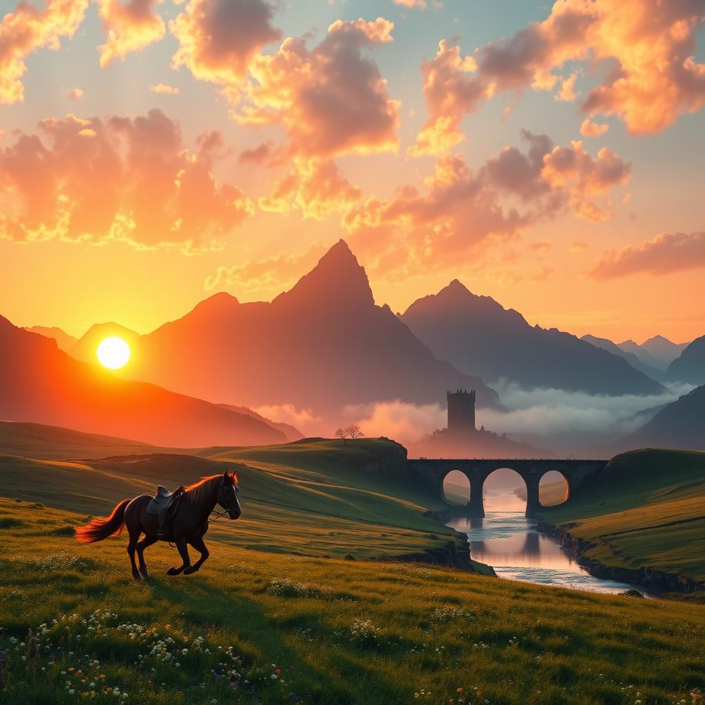 A breathtaking landscape inspired by the world of Lord of the Rings, featuring the majestic Misty Mountains silhouetted against a vibrant sunset