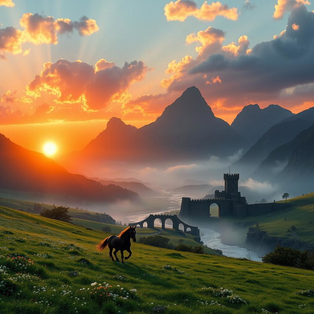 A breathtaking landscape inspired by the world of Lord of the Rings, featuring the majestic Misty Mountains silhouetted against a vibrant sunset