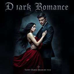 A captivating dark romance book cover featuring a mysterious and brooding couple embracing each other in a dimly lit, gothic setting