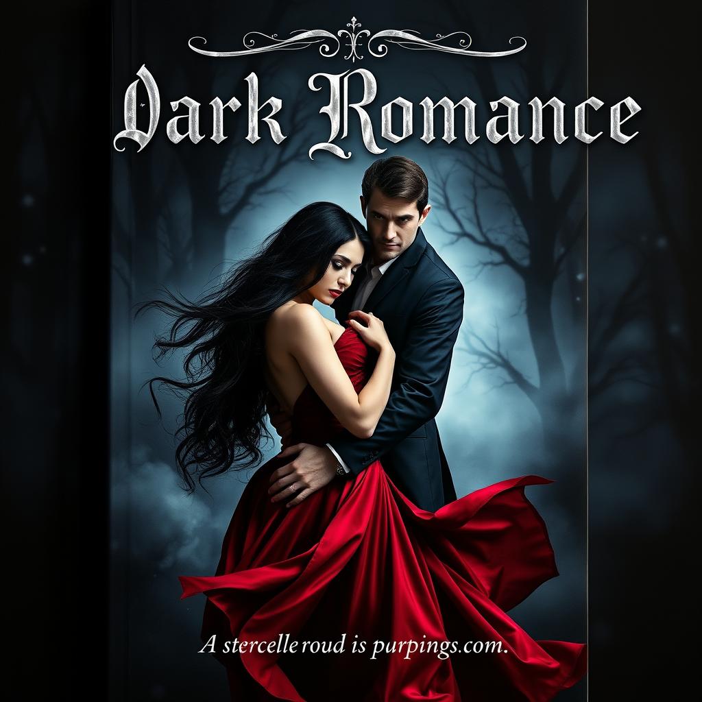 A captivating dark romance book cover featuring a mysterious and brooding couple embracing each other in a dimly lit, gothic setting