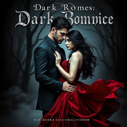 A captivating dark romance book cover featuring a mysterious and brooding couple embracing each other in a dimly lit, gothic setting