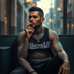 A realistic depiction of a man resembling Amir Tataloo, with a body covered in intricate tattoos, sitting casually while smoking a cigarette