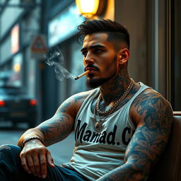 A realistic depiction of a man resembling Amir Tataloo, with a body covered in intricate tattoos, sitting casually while smoking a cigarette
