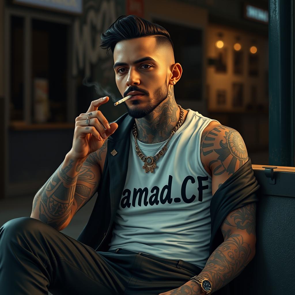 A realistic depiction of a man resembling Amir Tataloo, with a body covered in intricate tattoos, sitting casually while smoking a cigarette