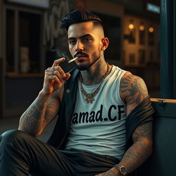 A realistic depiction of a man resembling Amir Tataloo, with a body covered in intricate tattoos, sitting casually while smoking a cigarette