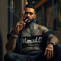 A realistic depiction of a man resembling Amir Tataloo, with a body covered in intricate tattoos, sitting casually while smoking a cigarette