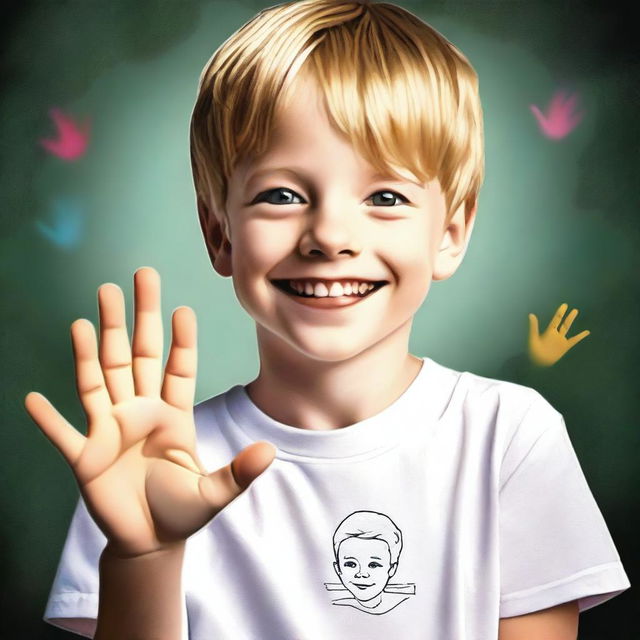 A high-resolution digital art piece featuring a 7-year-old white boy who is deaf