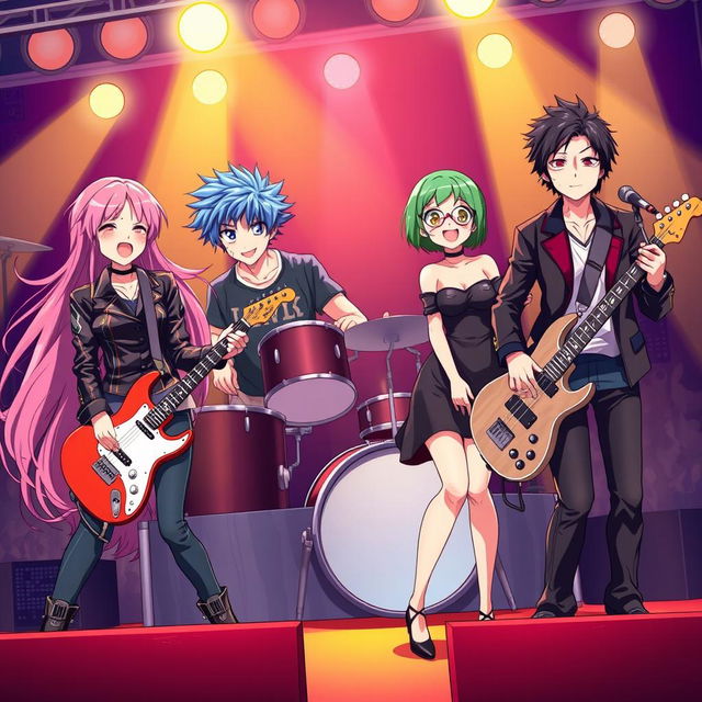 A vibrant anime-style illustration of a four-member rock band performing on stage, showcasing each band member with distinct and colorful outfits