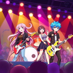 A vibrant anime-style illustration of a four-member rock band performing on stage, showcasing each band member with distinct and colorful outfits