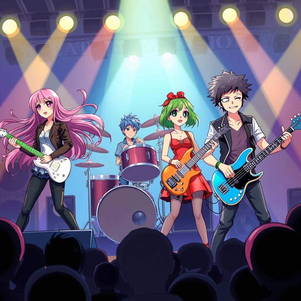 A vibrant anime-style illustration of a four-member rock band performing on stage, showcasing each band member with distinct and colorful outfits