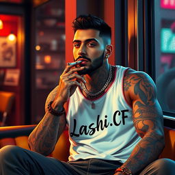 A realistic depiction of a man resembling Amir Tataloo, with a body covered in intricate tattoos, sitting casually while smoking a cigarette
