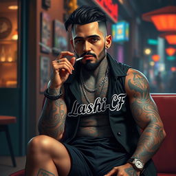 A realistic depiction of a man resembling Amir Tataloo, with a body covered in intricate tattoos, sitting casually while smoking a cigarette
