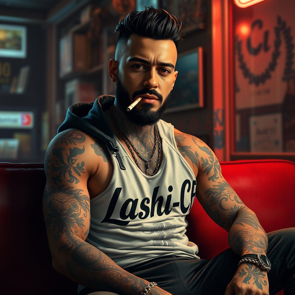 A realistic depiction of a man resembling Amir Tataloo, with a body covered in intricate tattoos, sitting casually while smoking a cigarette
